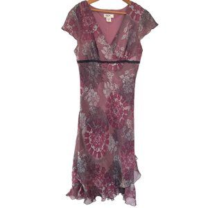 Vtg Y2K Fairy Core Gypsy Dress S Mauve Floral Handkerchief Hem Flutter Sleeve